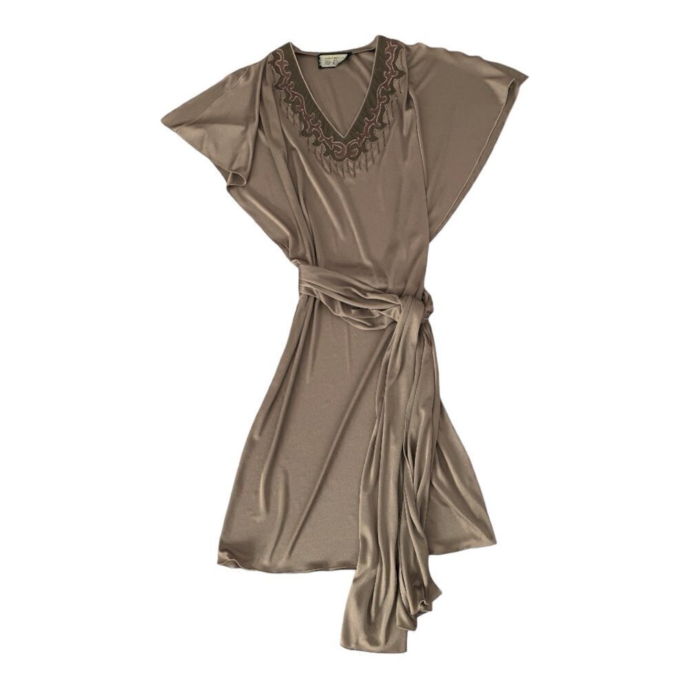 Vintage 80s Michael Maiello for Pat Richards Sash Tie Brown V-Neck Dress Women L